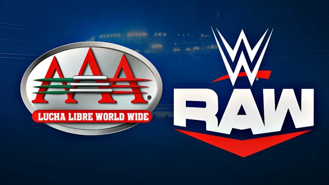 AAA und WWE Raw Logo mit Arena Lichter im Hintergrund