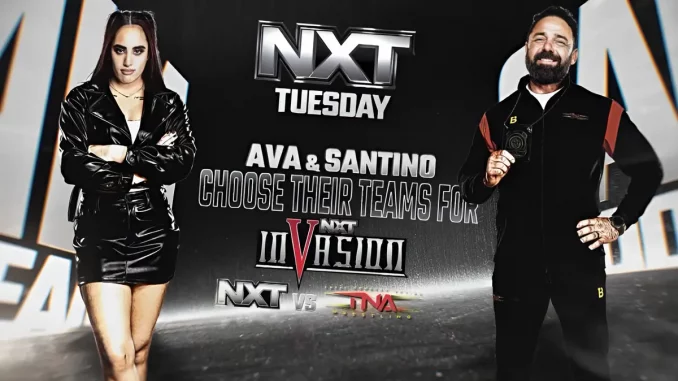 Offizielle NXT Invasion Promo Grafik mit Ava links und Santino Marella rechts