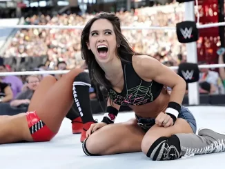 AJ Lee kniet im Ring und lächelt