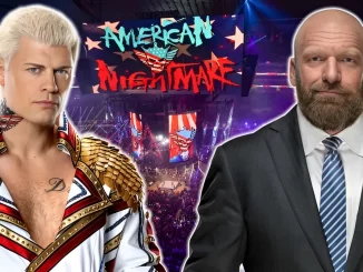 Grafik mit Cody Rhodes links und Triple H rechts
