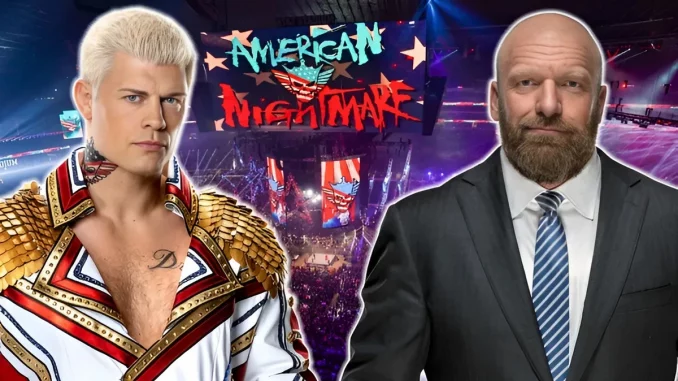 wwe-cody-rhodes-und-triple-h Grafik mit Cody Rhodes links und Triple H rechts