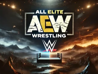 Düstere Landschaft mit einem Wrestling Ring und dem WWE und AEW Logo