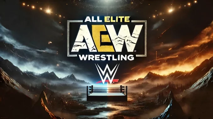 Düstere Landschaft mit einem Wrestling Ring und dem WWE und AEW Logo