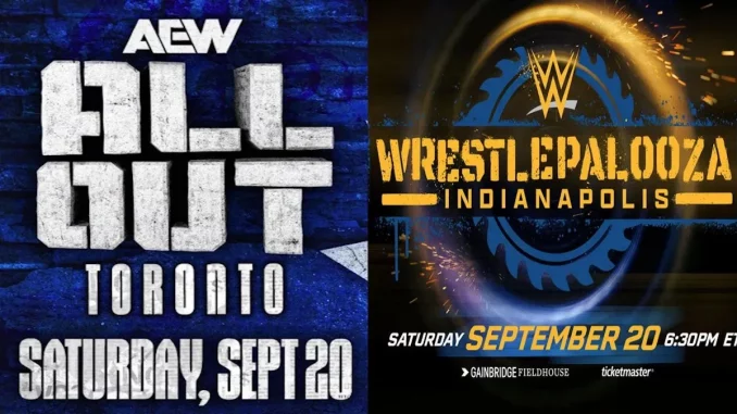 Grafik mit dem AEW All Out und dem WWE Wrestlepalooza Logo