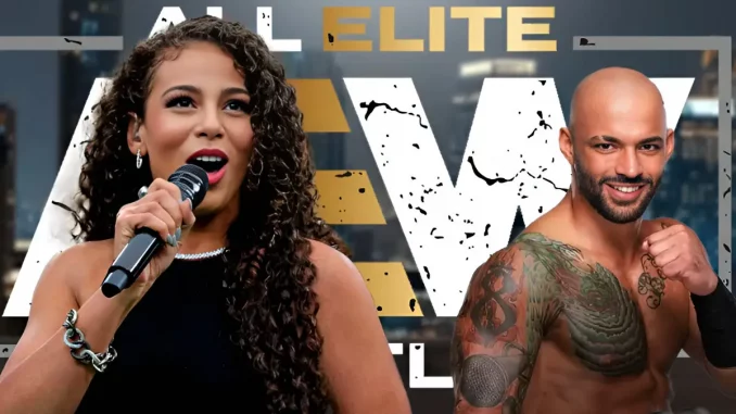 aew-samantha-irvin-und-ricochet Foto von Samantha Irvin am Mikrofon (links) und Ricochet (rechts)