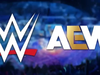 Foto mit dem WWE Logo links und dem AEW Logo rechts