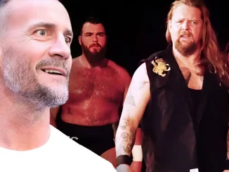 Foto mit CM Punk links und das Tag Team Gallus rechts