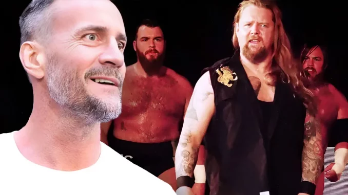 Foto mit CM Punk links und das Tag Team Gallus rechts