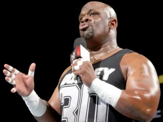 D-Von Dudley steht im Ring und hält das WWE-Mikrofon für seine Rede in der linken Hand