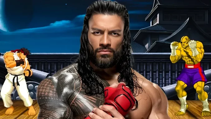 Roman Reigns vor einer Street Fighter Videosequenz