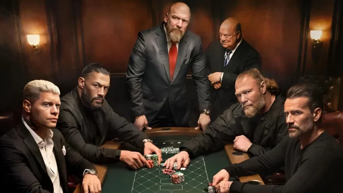 Triple H, Paul Heyman, Roman Reigns, Brock Lesnar, Cody Rhodes und CM Punk sitzen an einem Casinotisch