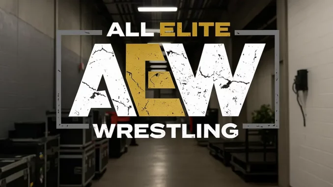 Foto das den Backstagebereich und das AEW Logo zeigt