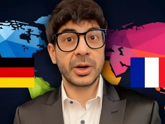 Tony Khan vor einer landschaftlichen Grafik mit Deutschland und Frankreich-Flagge