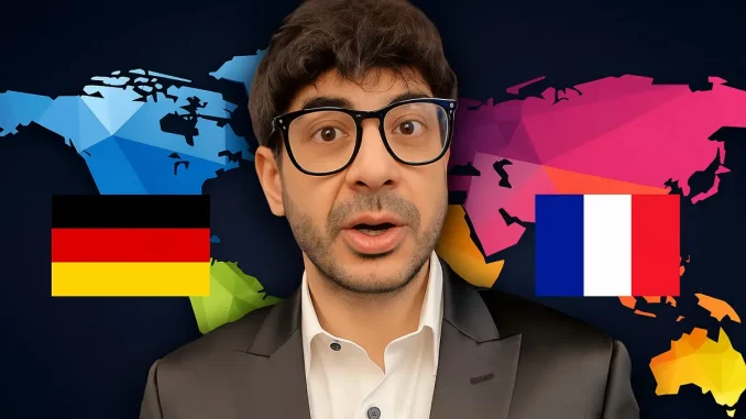 Tony Khan vor einer landschaftlichen Grafik mit Deutschland und Frankreich-Flagge