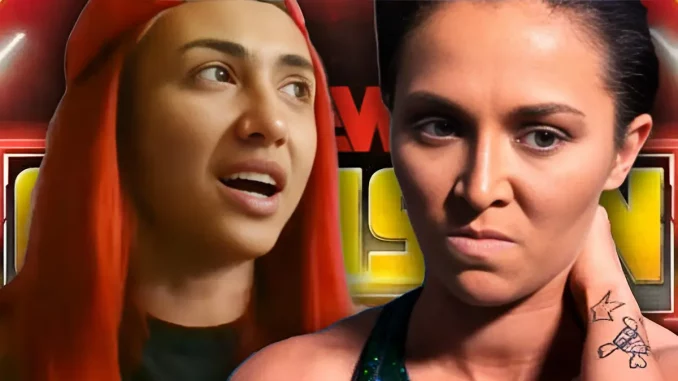 Nixon Newell und Miranda Alize vor einer AEW Collision Grafik