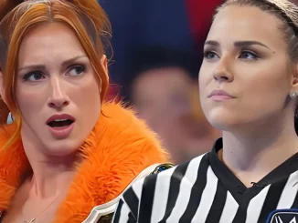 Foto mit einer erstaunten Becky Lynch (links) und WWE Referee Jessika Carr (rechts)