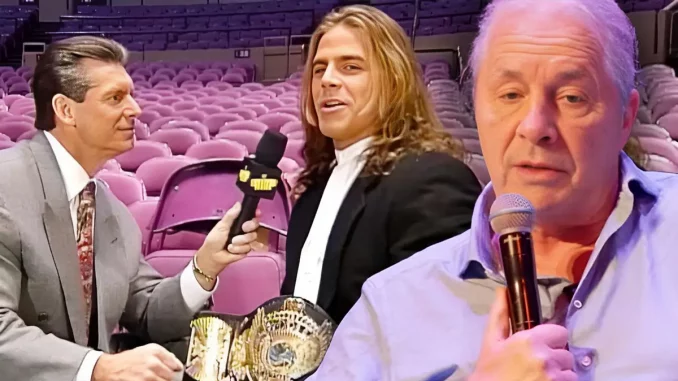 Bret Hart im Vordergrund und Vince McMahon (links) und Shawn Michaels (rechts) im Hintergrund