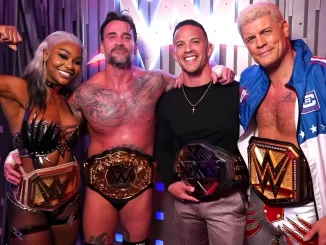 Vier WWE Champions – von links: Jade Cargill, CM Punk, Ricky Saints und Cody Rhodes