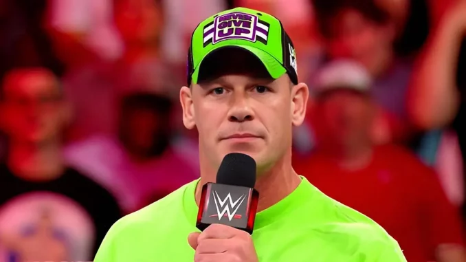 John Cena hält ein Mikrofon in der Hand und blickt direkt in die WWE-Führungskamera.