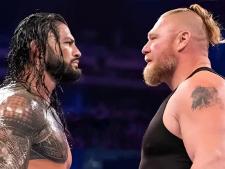 Roman Reigns und Brock Lesnar stehen sich gegenüber und starren sich an