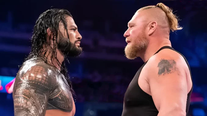 Roman Reigns und Brock Lesnar stehen sich gegenüber und starren sich an