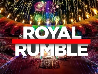 Feuerwerk beim WWE-Event in Saudi-Arabien. Grafik enthält das WWE Royal Rumble Logo