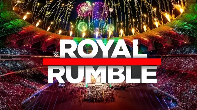 Feuerwerk beim WWE-Event in Saudi-Arabien. Grafik enthält das WWE Royal Rumble Logo