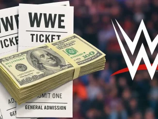 Grafik mit WWE Logo, Tickets und Dollarscheinen
