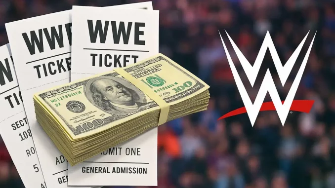 Grafik mit WWE Logo, Tickets und Dollarscheinen