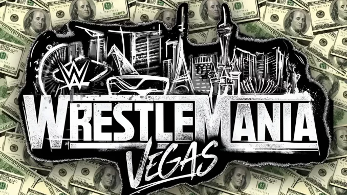 Logo von WrestleMania in Las Vegas mit vielen US-Dollar