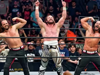 The Young Bucks und Kenny Omega posieren gemeinsam im Ring