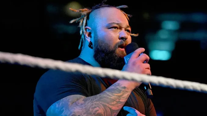 Bray Wyatt steht im Ring und hält für seine Rede ein Mikrofon in der Hand