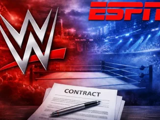 Grafik mit dem WWE & ESPN Logo inkl. einem Vertrag mit Stift