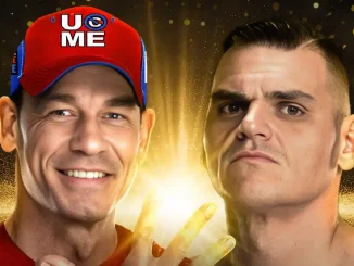 Foto mit John Cena lächelnd (links) und Gunther grimmig (rechts)