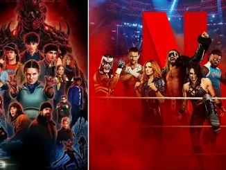 Grafik mit Stranger Things Stars (links) und den WWE Superstars mit Netflix Logo (rechts)