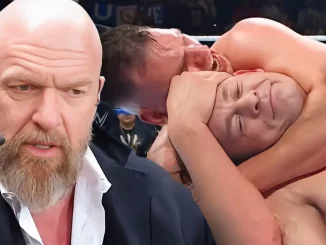 Foto mit Triple H (links) und Gunther, der John Cena im Sleeperhold hält (rechts)