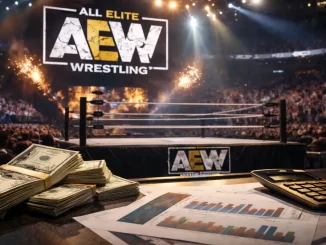 Geld und ein Taschenrechner auf einem Tisch vor dem AEW Ring