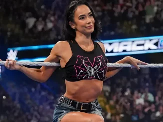 AJ Lee steht lächelnd auf dem Apron bei WWE SmackDown