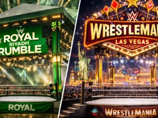 Splitscreen-Grafik mit dem Royal-Rumble-Ring in Saudi-Arabien und dem WrestleMania-Ring in Las Vegas