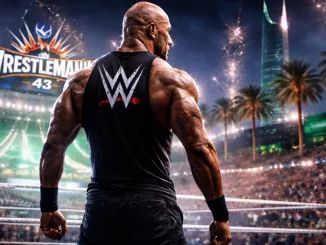 The Rock vor der großen WrestleMania Kulisse in Saudi-Arabien