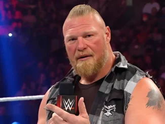 Brock Lesnar hält eine Rede im WWE Ring am Mikrofon