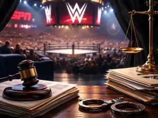 Die WWE-Arena mit dem Logo von ESPN und den juristischen Details