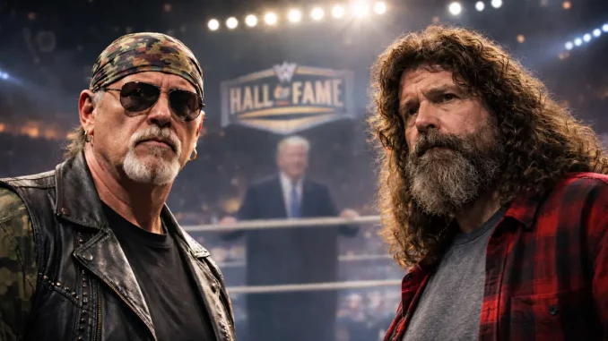 Jesse Ventura, Mick Foley und Donald Trump im Hintergrund