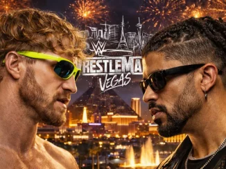 Logan Paul und Bad Bunny haben Sonnenbrillen auf und stehen sich von Angesicht zu Angesicht gegenüber