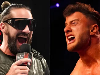 Seth Rollins mit Sonnenbrille am WWE Mikrofon und ein verärgerter MJF