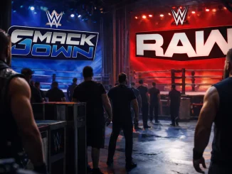 Mehrere WWE Stars im Backstagebereich vor einer SmackDown und RAW Arena