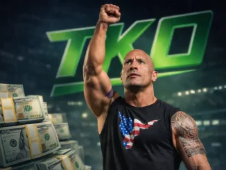 The Rock streckt seinen Arm vor dem TKO-Logo aus, neben ihm liegt viel Bargeld