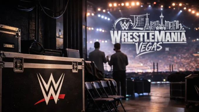 Zwei WWE-Mitarbeiter backstage vor WrestleMania in Vegas