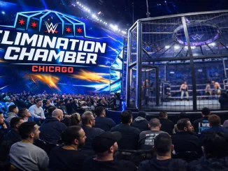 Blick auf die Elimination Chamber Stage und den WWE-Fans