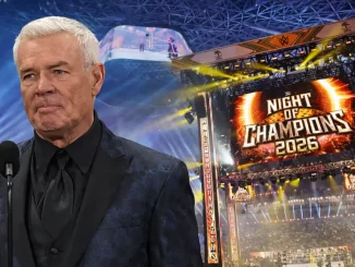 Eric Bischoff am Podium mit WWE Night of Champions Arena Hintergrund